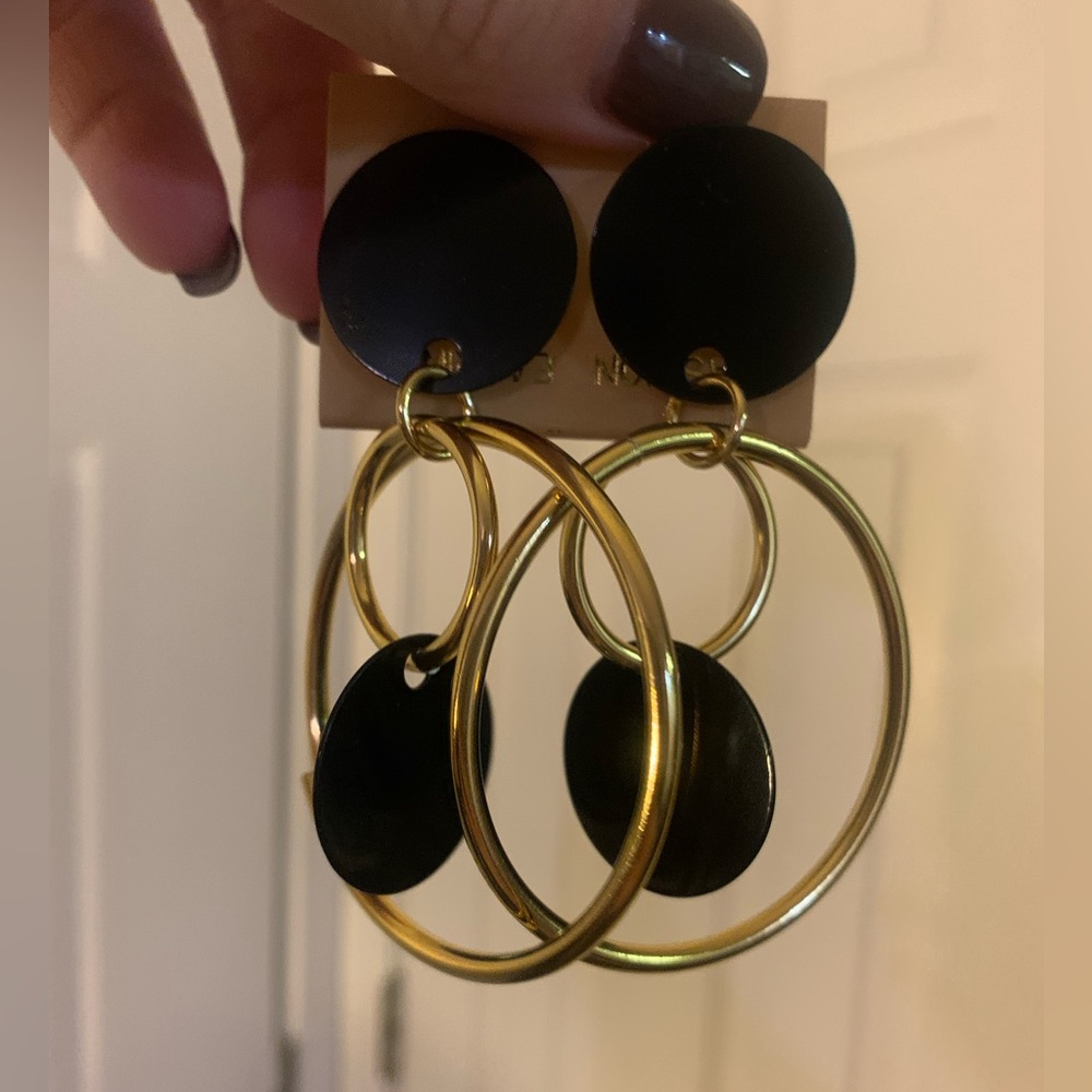 Black enamel and gold statement hoop earrings